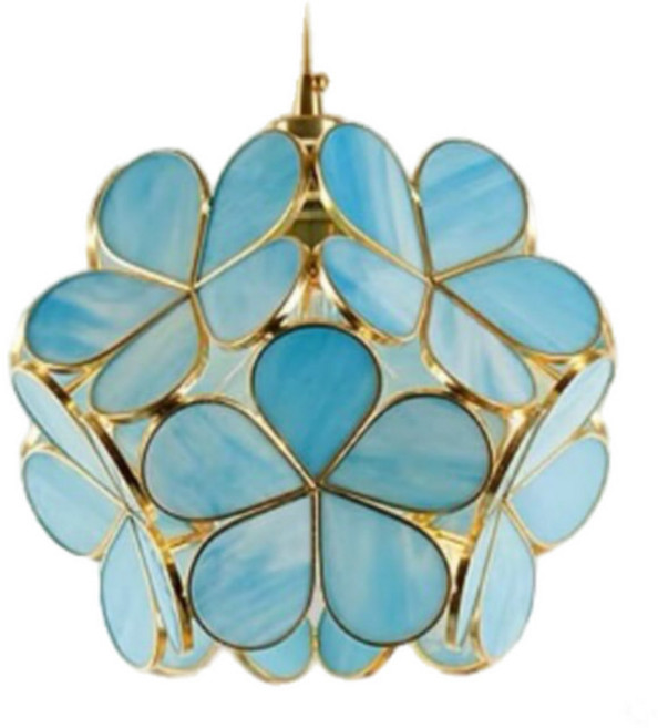 法式復古花玻璃吊燈 奶油風 鈴蘭花 餐廳玄關床頭燈 彩色玻璃黃銅質感 藍色 單燈 吊燈 底盤 (電鍍金色), 藍色 / 超商限1盞,單燈 / 吊燈 / 底盤 (電鍍金色)