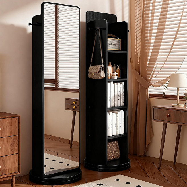 키스미스 전신거울 회전식 옷걸이행거 수납장 스탠드 거울, 블랙