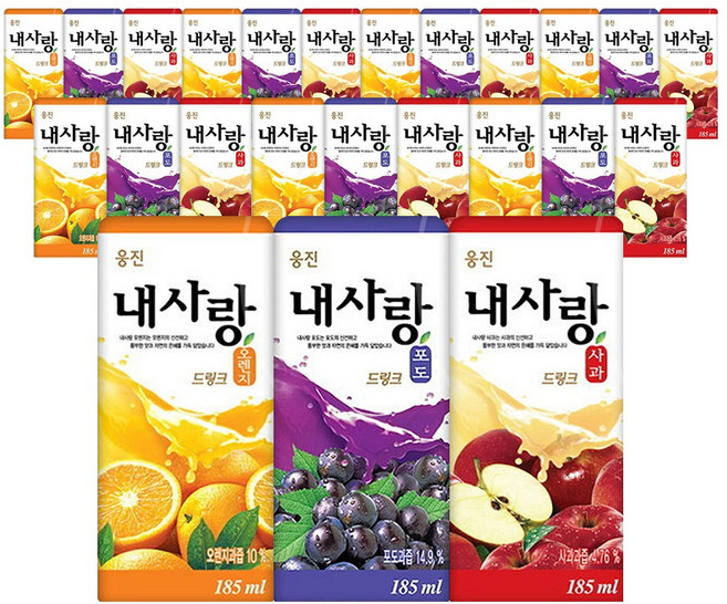 [데일리이츠] 웅진 내사랑 과즙 드링크 오렌지 포도 사과맛 3종류 총 24입 세트, 185ml, 24개