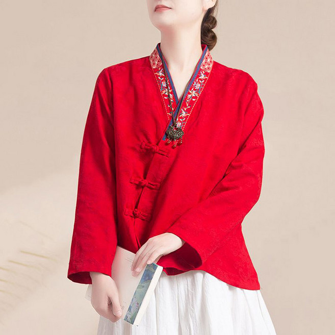 ORZQU 자수 면 마 긴팔 카디건 생활한복 여성 캐주얼 루즈핏 개량한복 상의