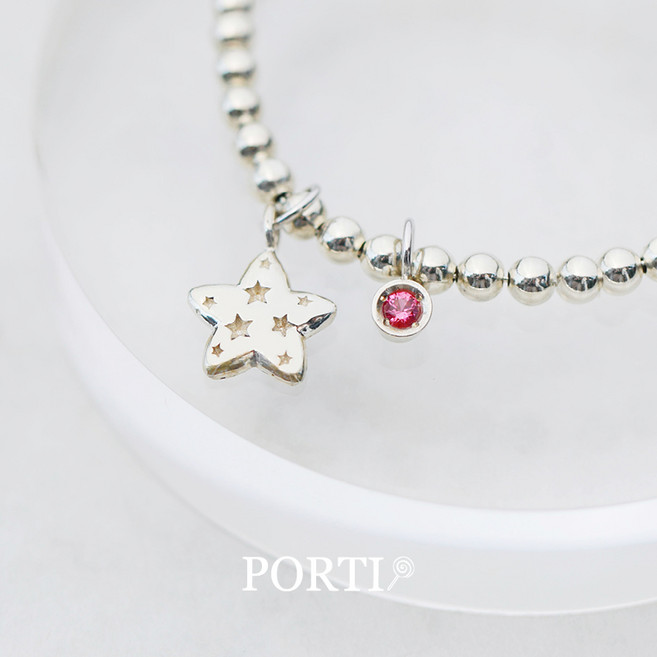 [뽀르띠] 92.5% 실버 탄생석 별 미아방지 팔찌, 7월 루비, 각인 안함, 화이트 골드 도금 추가, 1개