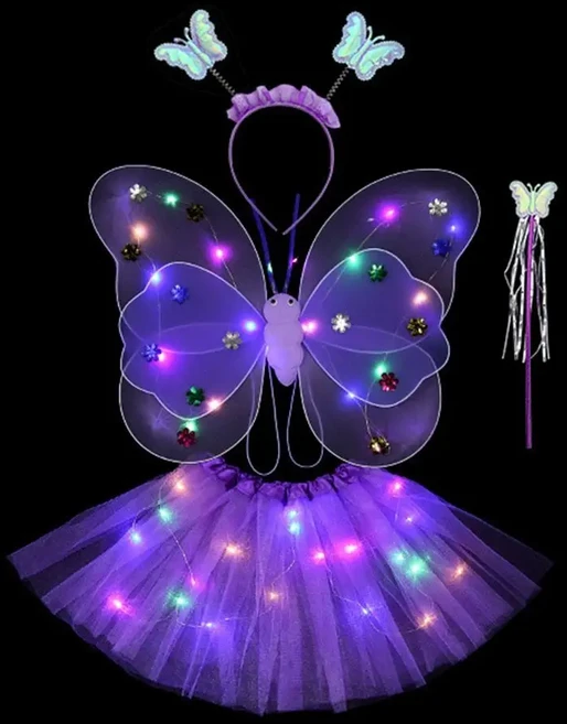 빛나는 날개 깜박이는 나비 스커트 조명 세트 LED 코스튬 소품 소녀 스커트 천사 2-8 세 부활절 발렌타인