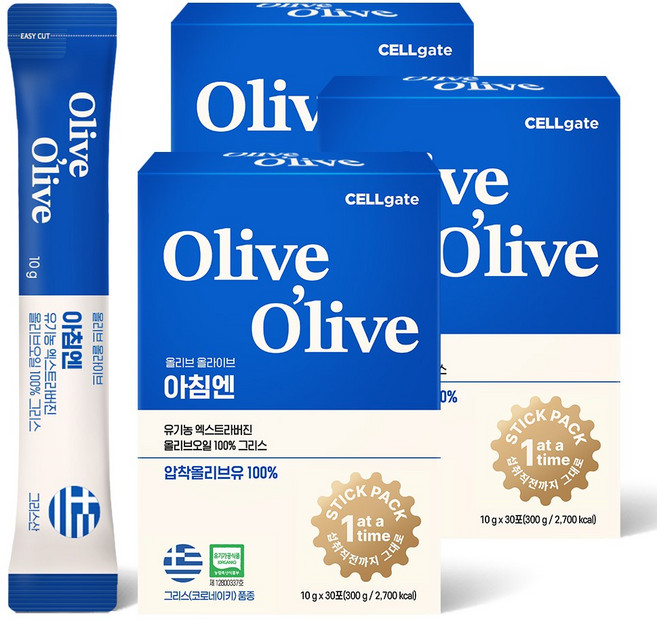 셀게이트 올리브올라이브 아침엔 유기농 엑스트라버진 올리브오일 그리스, 300g, 3개