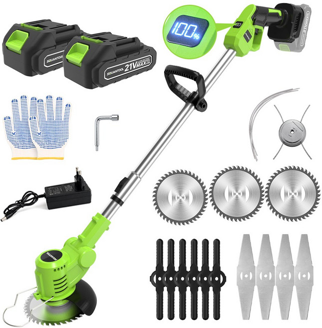 SQUANTOOL 최신형 21V 충전식 무선 예초기 본체 LED 잔량 표시 휴대용 8500RPM 신축식 전동 잔디깎기 2.0Ah 배터리 *2, 1개