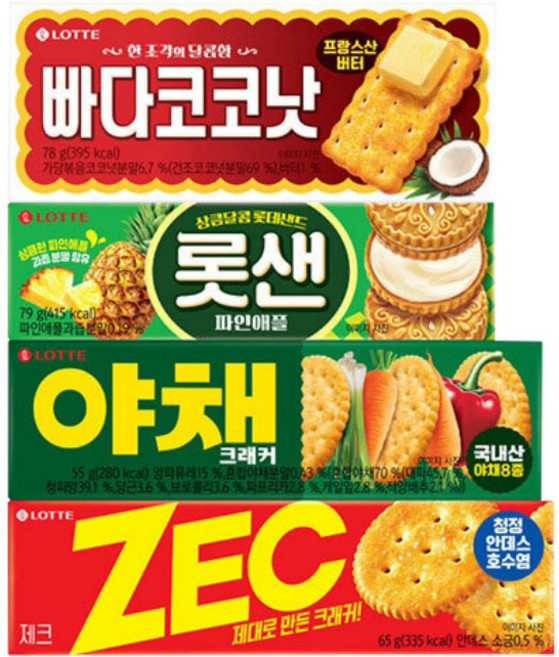 롯데웰푸드 빠다코코낫 78g + 롯샌 파인애플 79g + 야채 크래커 55g + 제크 65g 세트, 1세트