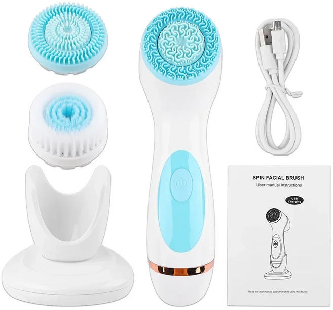 3 in 1 전동 얼굴 클렌징 브러쉬 실리콘 회전식 세안 브러쉬 딥 클렌징 브러쉬 방수 페이셜 마사지기, 04 Blue NO box