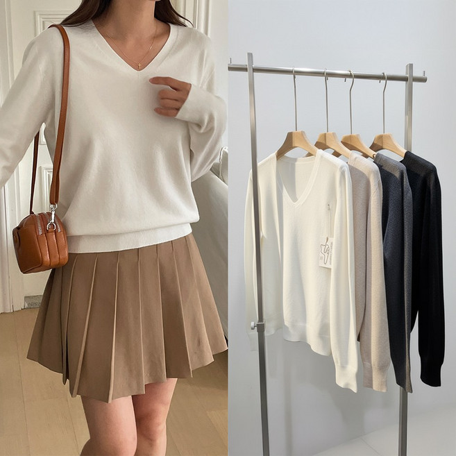 뮤앤뮤즈 울혼방 홀가먼트 브이넥 니트 베이직 기본 스웨터 티셔츠