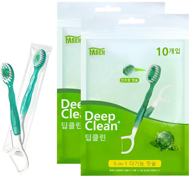 연화삼월 일회용 칫솔 물없이 사용하는 미니칫솔 퀵클린 민트향 개별포장 치실 혀클리너 이쑤시개 분리형 호텔 치솔 미세모 칫솔, 2개, 10개입