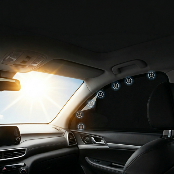 차량용 자석 부착형 완전 암막 햇빛가리개 자동차 창문 햇빛 차단 커튼, 1세트, 블랙