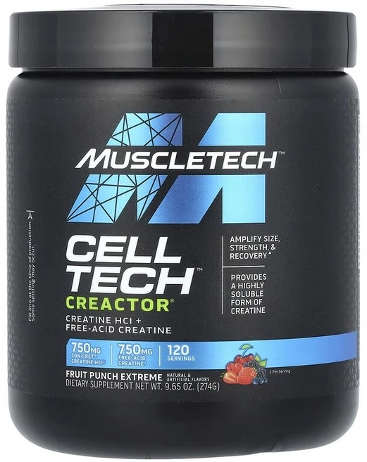 머슬테크 Cell Tech CREACTOR 크레아틴 HCl 앤드 유리산 크레아틴 함유 프루트 펀치 익스트림 맛 269g(9.51oz), 1개, 274g - 쿠팡
