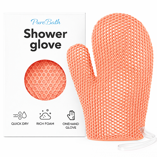 퓨어바스 프리미엄 샤워 스크럽 글러브 저자극 각질케어 장갑 실리콘 스트랩 (pb-1011), 핑크, 1개, 1개입