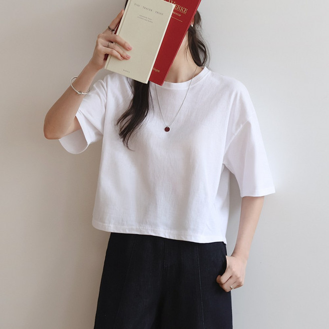 데일리앤 루스터 여성 흰티 무지 라운드넥 면 반팔 티셔츠 이너 루즈핏 세미 크롭