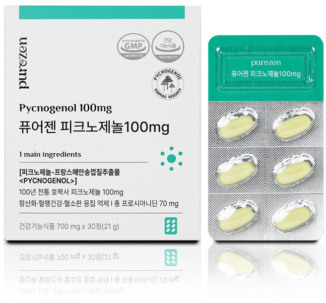 퓨어젠 피크노제놀 100mg 30정 1박스 항산화 혈행건강, 1개, 100g