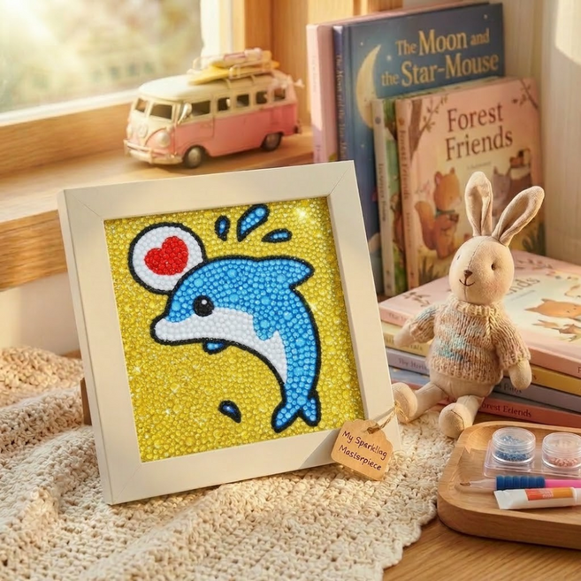 STIX 어린이 보석십자수 액자형 12종 DIY 키트 드릴비즈 만들기 KC인증, 1개, 01.하트돌고래 (인기)