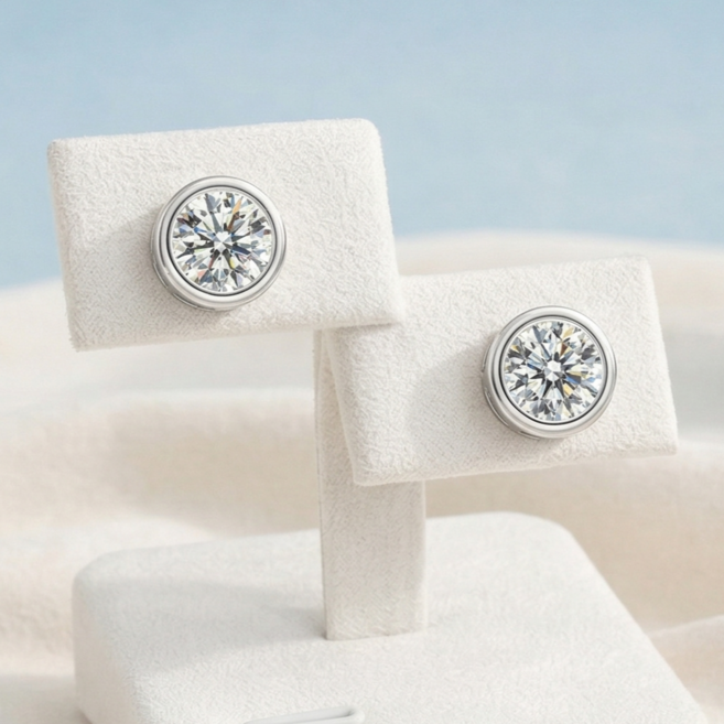 [루에디션] 모이사나이트 프로미스 라운드 베젤 귀걸이 925 실버 14K 도금 시뮬럿 랩다이아 여성귀걸이