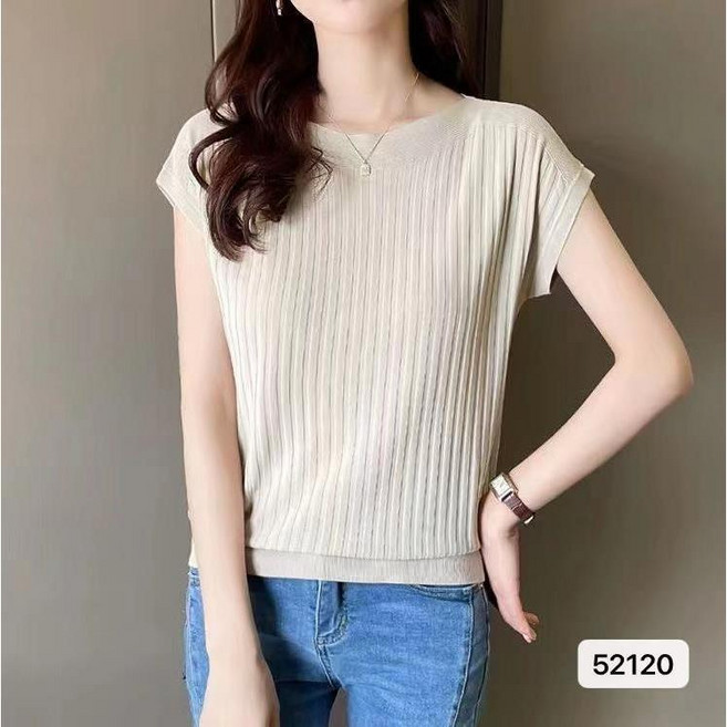 冰絲針織衫女寬鬆2024春 夏季新款灰色上衣一字領輕薄短袖T恤小衫