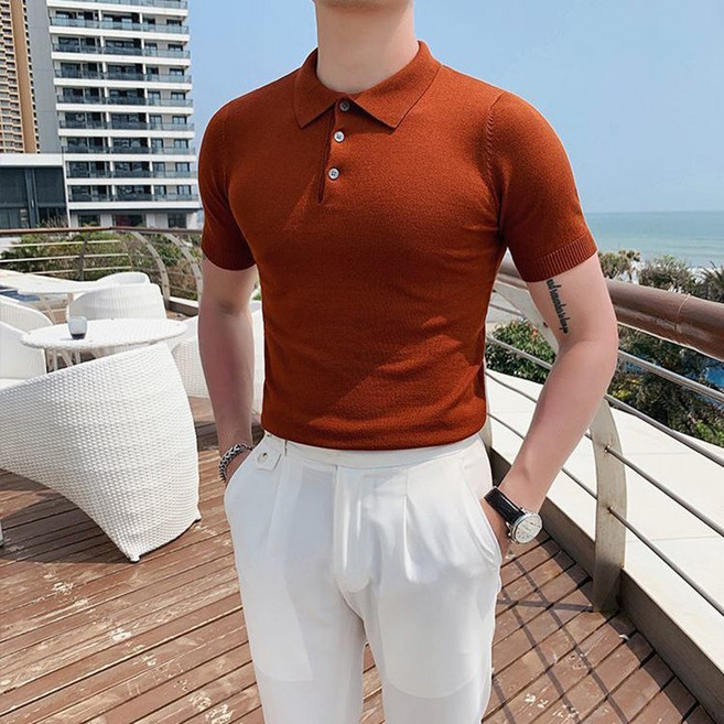 남성 니트 반팔 티셔츠 봄 여름 캐주얼 솔리드 폴로넥 반팔티 루즈핏 슬림핏 남자 니트 상의 WMY