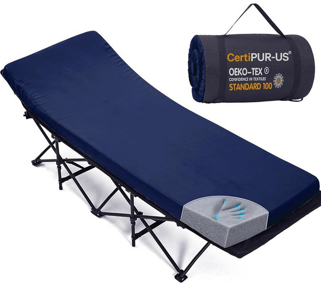 CYMULA 캠핑 침대 매트리스 5.1cm 2인치 메모리 폼 수면 패드 부드럽고 따뜻한 미끄럼 방지 토퍼 성인용 고정 포함 여행용 휴대용 롤업 브라운 190.5cm x 76.2, 네이비 블루