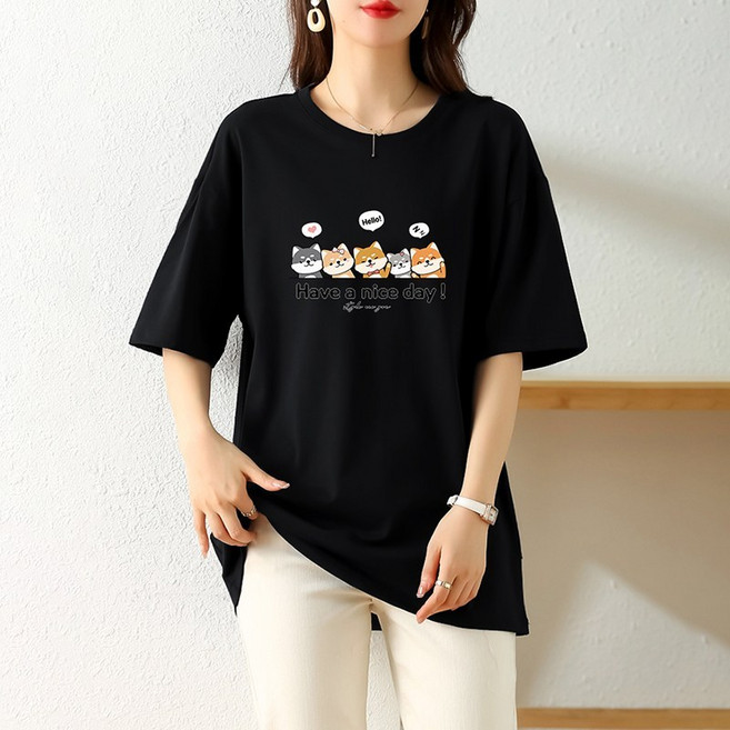 스타일아유 여성 라운드 박스 코튼 반팔 프린팅 루즈핏 티셔츠 TS2441