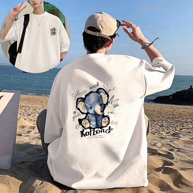 FONOW 반팔면티 순면 100% 남성 루즈핏 반팔티셔츠 빅사이즈 패션 여성티셔츠 편하고 통기성 여름캐주얼 라운드티셔츠 캐릭터 귀여운 아기코끼리 양면나염 디자인 빅사이즈여성쇼핑몰