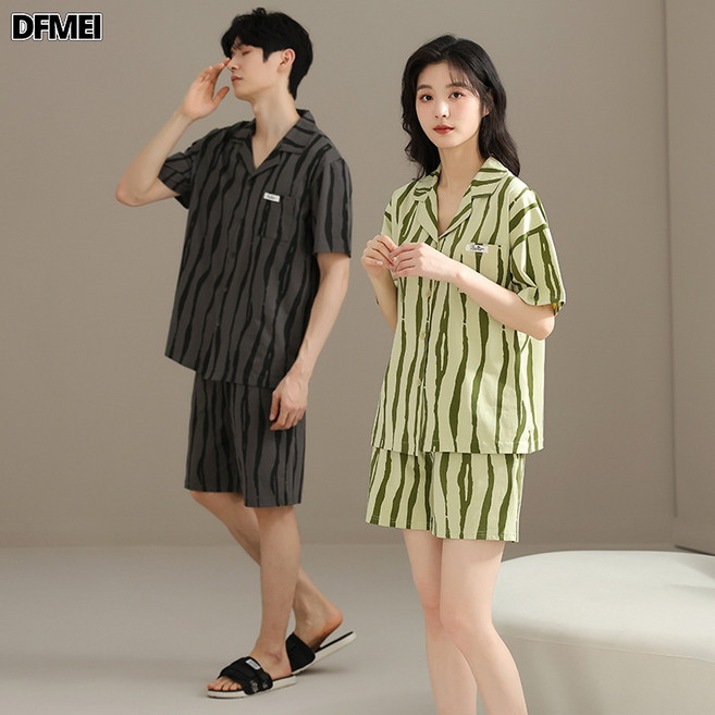 DFMEI 情侶睡衣夏季純棉男款女士夏天短袖套裝休閒家居服夏款