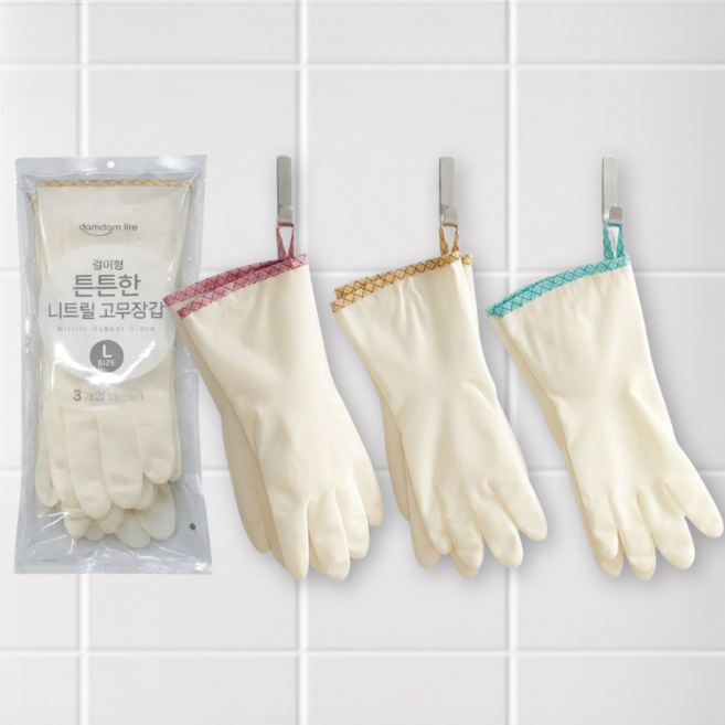 담담라이프 걸이형 튼튼한 니트릴 고무장갑 (32cm), 핑크/그린/노랑, L, 3개