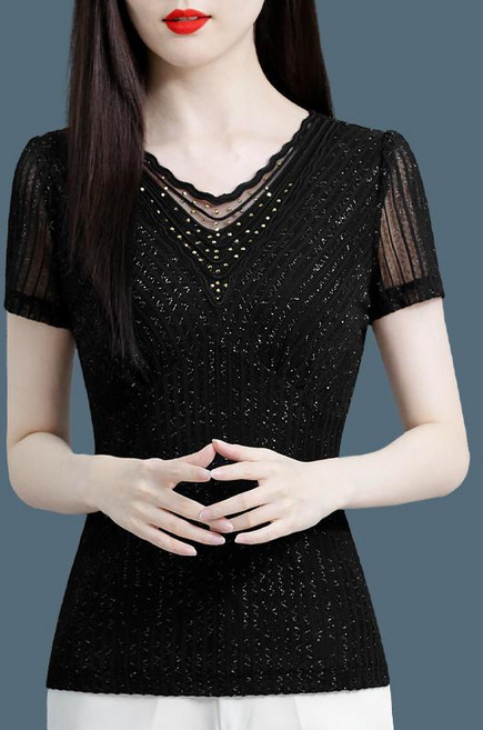 와이지엘 슬림핏 브이넥 반팔 티셔츠 통기성 레이스 망사 여성 댄스복 상의