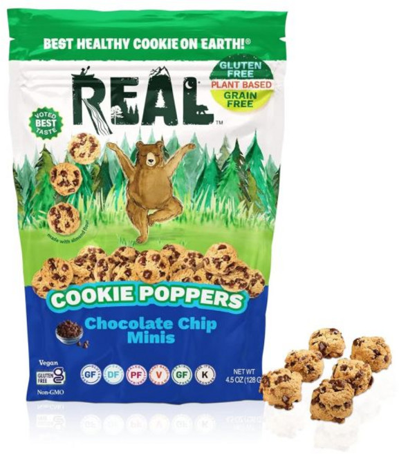 REAL 초콜릿 쿠키 리얼 피넛버터 칩 미니 포퍼스 한입 크기 글루텐 프리 구운 무유제품 비건 코셔 팔레오 맛있는 4.5온스 3팩, 초콜릿 칩, 1 팩