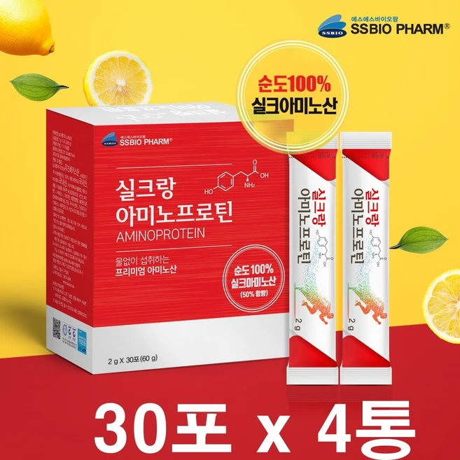 누에고치 실크랑 아미노 프로틴 순도100% 실크펩타이드 타우린 고단백 식물성 단백질 아미노산 파우더 누에 가루 분말 스틱 실크랑 아미노프로틴 식약처인증 HACCP 30포 4개, 2g, 2g - 쿠팡