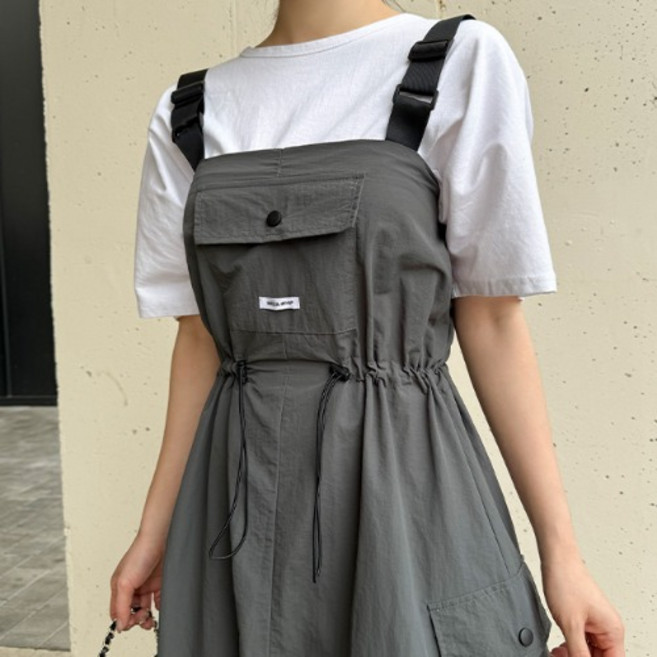멜빵 롱 패치 포켓 나시 스트링 카고 여름 바스락 원피스(2col)
