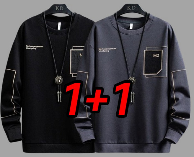 TIMEPURE 남자 맨투맨 1+1 세트 봄 가을 라운드넥 기본 긴팔 티셔츠 남성용 데일리 루즈핏 캐주얼 트레이닝 상의 이너웨어 커플룩 남친룩 데일리룩