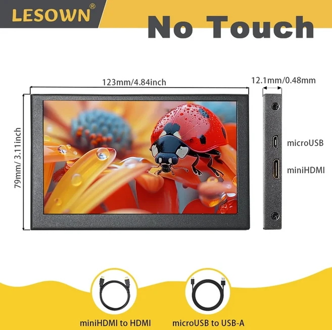 LESOWN 미니 모니터 HDMI 소형 LCD 화면 800x480 IPS 휴대용 경량 디스플레이 윈도우 PC 컴퓨터 플러그, 01 5in No Touch