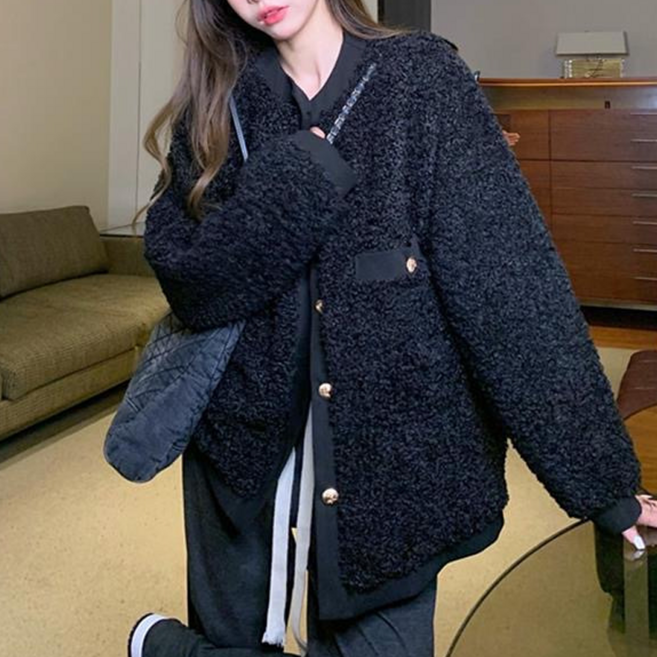 NUNUHANA 여성 루즈핏 램스울 코트