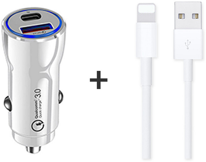 언박싱 베네치아 차량용 PD+USB 듀얼 2포트 급속 고속 퀄컴 3.0 충전기 + 라이트닝 8핀 케이블 세트, 1세트, 화이트, 1m