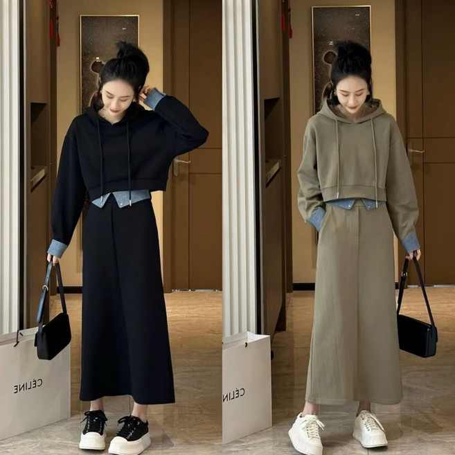 여성 봄 가을 트레이닝세트 후드티+스커트 캐주얼 트레이닝복 빅사이즈 루즈핏 맨투맨 치마 투피스 운동복 후드세트