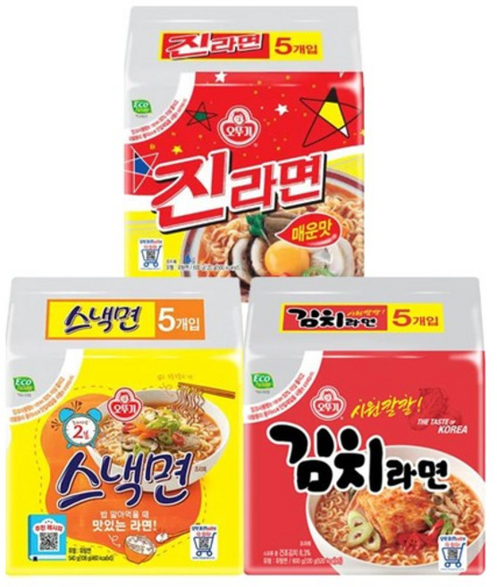 진라면 매운맛 5입 + 스낵면 5입 + 김치라면 5입, 없음