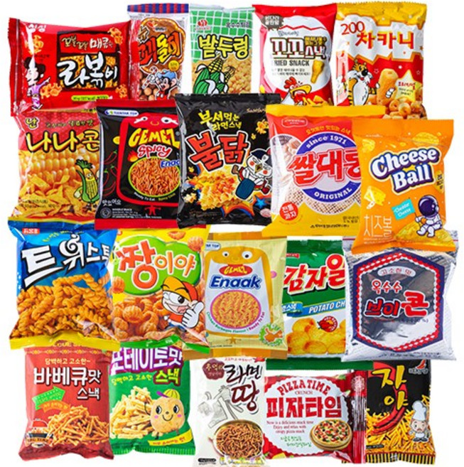 추억의과자 문방구간식 스낵류 20종 세트 꾀돌이 밭두렁 차카니 브이콘 자야 나나콘 쌀대롱 불닭라면, 20개