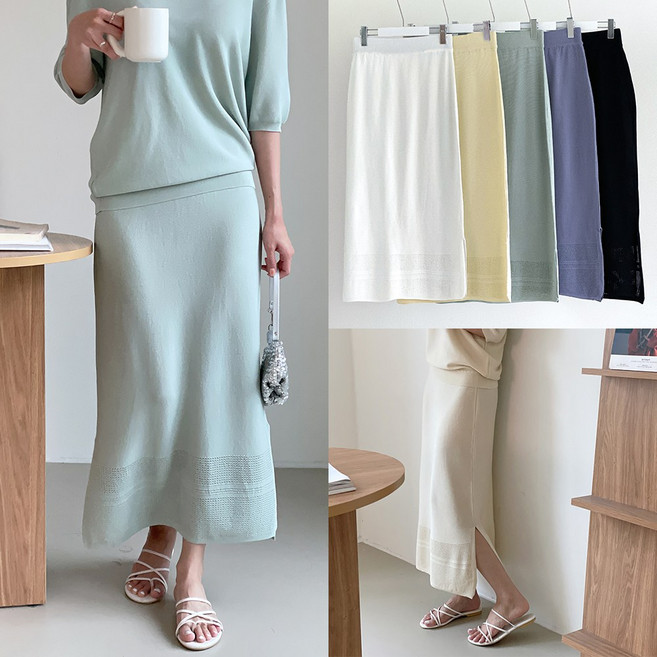 니트코어 여성 여름 루즈핏 아일렛 펀칭 시스루 니트 밴딩 스커트 치마 하객룩 하객원피스 등하원룩