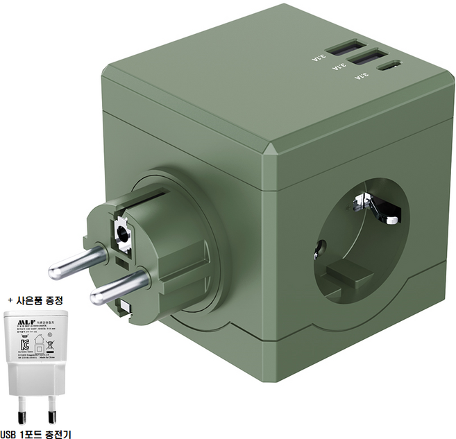 에코너-MT01 큐브멀티탭 플러그형 4000W (콘센트3구+C타입 1포트+A타입 2포트), 1개, 그린, 7.6cm