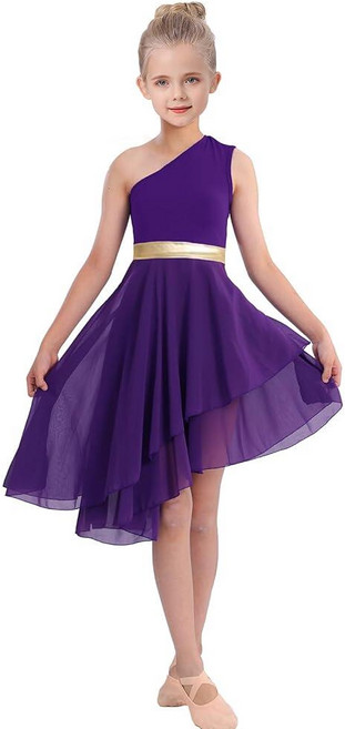 ORIDOOR Oblique Shoulder Praise Dance Costume for Girls Metal Irregular Worship Ceremony Lyrical, 9~10세, 02-다크 퍼플