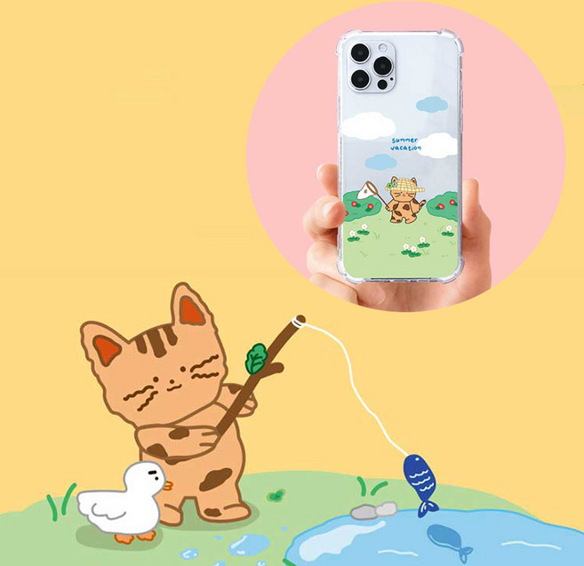 아이수트 발로 그린 귀여운 고양이 캣 디자인 변색없는 방탄 클리어 젤하드 케이스 여름방학 휴가 바캉스 커플 효도선물 용 아이폰 11 프로 맥스 12 프로 미니 갤럭시 노트