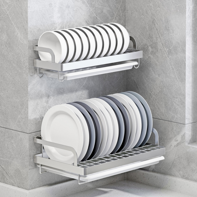 꿀물리빙 304스텐 식기건조대 1단 무타공 부착형 싱크대선반, 그릇건조대, 실버