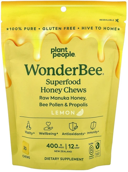 Plant People wonderBee® 슈퍼 푸드 꿀 츄 레몬 MGO 400 츄 30개, 1 - 쿠팡