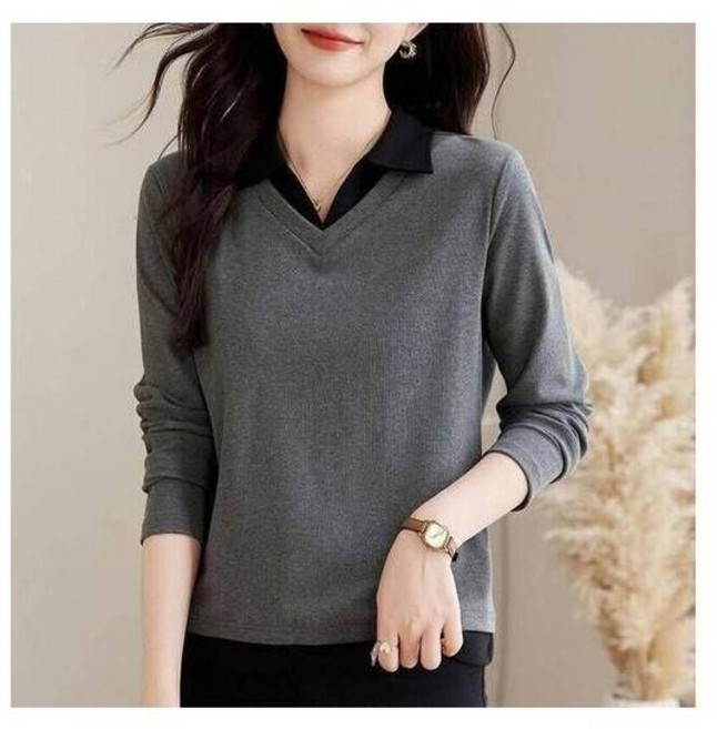 長袖T恤女媽媽裝Polo衫翻領假兩件春秋上衣薄款內搭保暖素色棉質大學T休閒寬鬆運動工作氣質百搭通勤中年