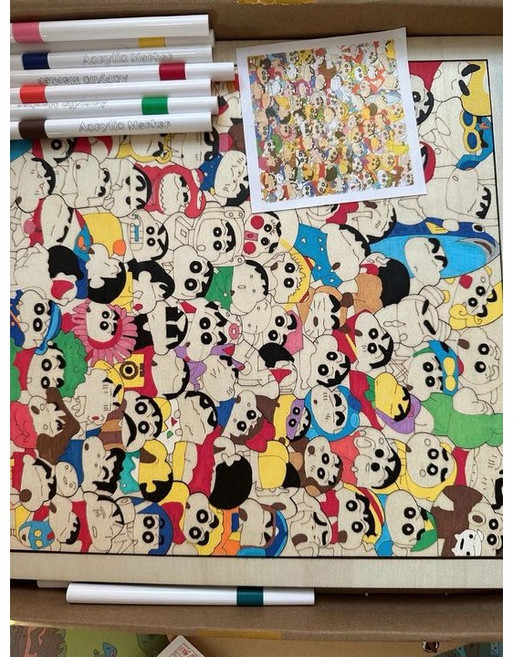 YW 짱구는 못말려 퍼즐도 맞추고 그림도 그리는 핸드메이드 DIY 짱구 원목 퍼즐 장난감 인테리어 장식품 심심풀이 완구 조카선물세트+12가지색상 마카펜, 83피스, 1세트