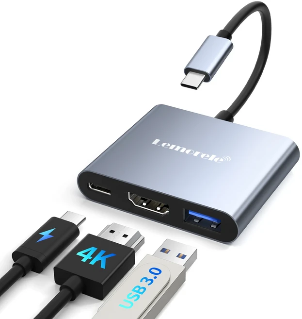 레모렐 3 in 1 USB C 허브 100W 충전 도킹 스테이션 타입 to HDMI 4K 30Hz 어댑터 맥북 프로에어 노트북용, 01 3 IN 1