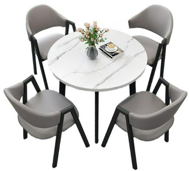 카페 테이블 의자 4개 사무실 가죽 원형 라운지 패브릭 휴게실 연회색, 기본 의자 구성, C. 화이트패턴 테이블+딥그레이 의자 4인용