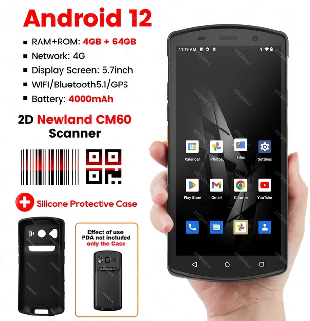 안드로이드 12 휴대용 PDA 터미널 4GB + 64GB 1D + 2D 바코드 스캐너 5.7 인치 4G WiFi GPS NFC 견고한 창, 04 add Case, 02 미국