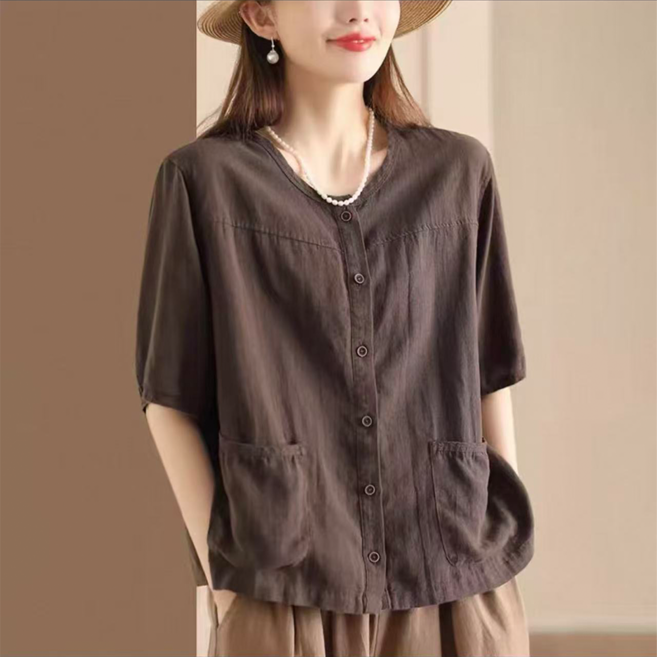 80kg까지 빅사이즈 2026 여성 여름 리넨 혼방 라운드넥 단색 반팔 셔츠 빈티지 카디건 포켓 싱글 우아한 시원함 버튼 디자인 캐주얼