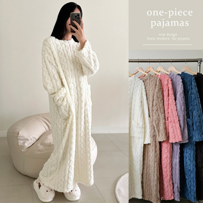 더문풀문 [꿀잠수면]빅사이즈 극세사 겨울맞이 후끈후끈 잠이 솔솔~ 포근잠옷 / 꽈배기롱롱수면원피스파자마SM